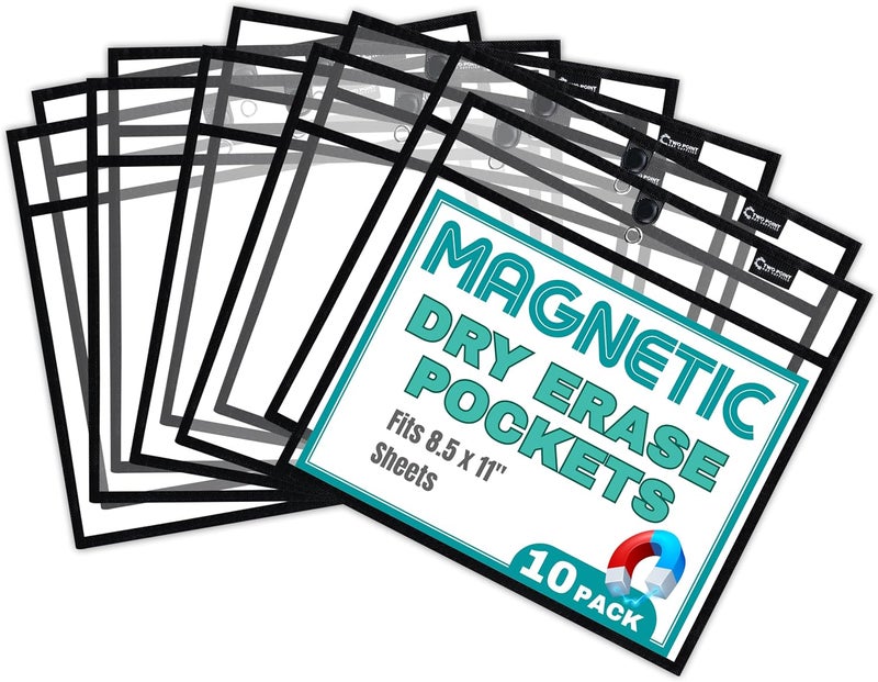 Two Point Magnetic Dry Erase Pockets by (10-Pack) - Landscape - Black Dry Erase Pocket Sleeves, Job Shop Ticket Holders, Clear Paper Sleeves Protectors, Magnetic Pouch - Image 1